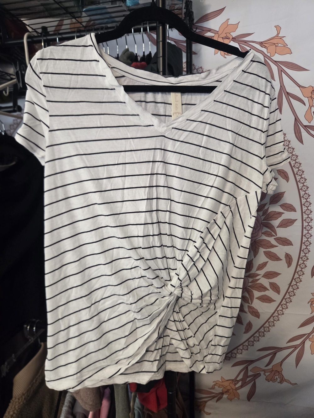 Altar'd State White and Black Striped V-Neck Knot Front Tee